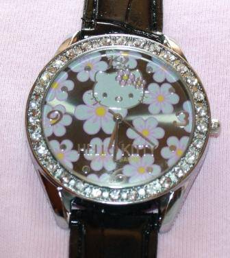 CRYSTAL "HELLO KITTY" BLACK FLORAL DIAL  WITH GIRLS/LADIES WRIST WATCH