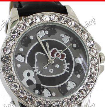 BEAUTIFUL BLACK "HELLO KITTY" CRYSTAL SURROUNDED WATCH WITH LEATHER STRAP