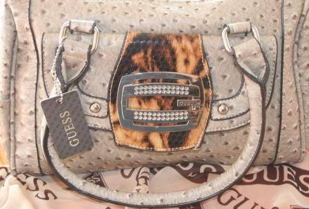 BEAUTIFUL GUESS  BEIGE FAUX OSTRICH LEATHER  HANDBAG WITH SILVER DETAILING