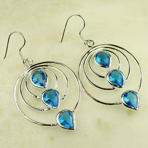 FASHIONABLE DANGLING BLUE QUARTZ EARRINGS CRAFTED IN SILVER