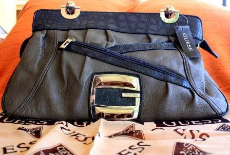 DARK GREY GUESS FAUX LEATHER  HANDBAG WITH FAUX CROCODILE LEATHER DETAILING & SILVER HARDWARE