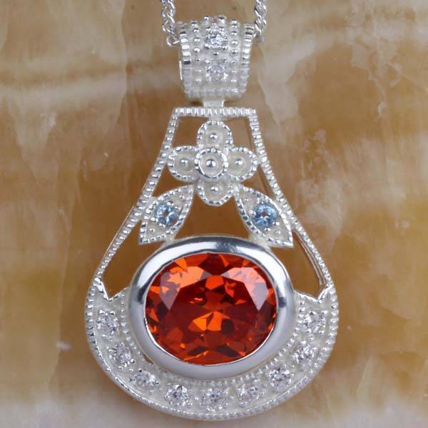 FREE CHAIN!! GARNET QUARTZ & BLUE TOPAZ CZ PENDANT IN HALLMARKED 925 STERLING SILVER
