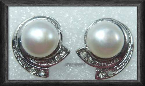 GENUINE  WHITE PEARL & CRYSTAL DRESS EARRINGS CRAFTED IN SILVER