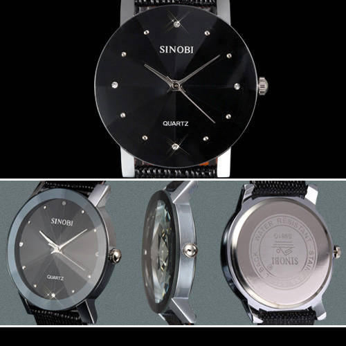 "LUXURIOUS" SINOBI GENTS ELEGANT SLIM LINE WATCH WITH BLACK LEATHER STRAP