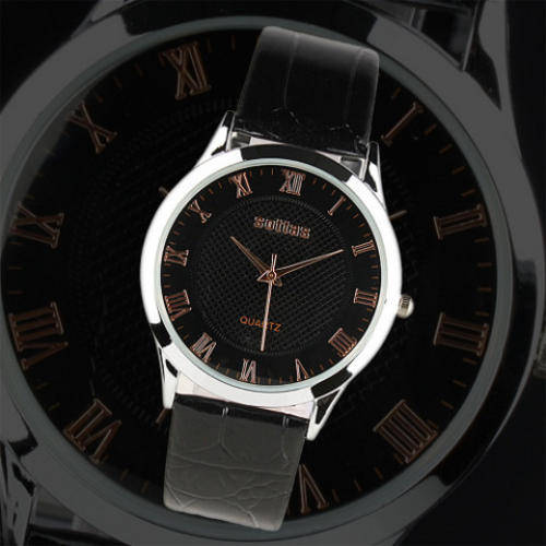 ESS BLACK FACED MENS WATCH SLIM LINE WITH BLACK LEATHER STRAP