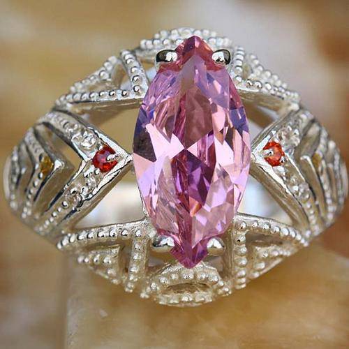 MARQUISE CUT PINK TOPAZ CZ & MULTI-CZ RING CRAFTED IN HALLMARKED 925 STERLING SILVER