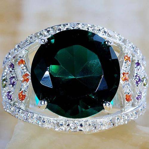 ROUND EMERALD, WHITE & GARNET QUARTZ RING CRAFTED IN HALLMARKED 925 STERLING SILVER