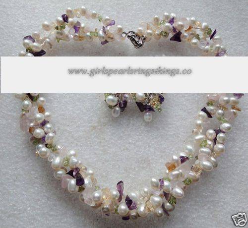 NECKLACE & EARRINGS SET - GENUINE FRESHWATER PEARLS, AMETHYST, CITRINE & PERIDOT