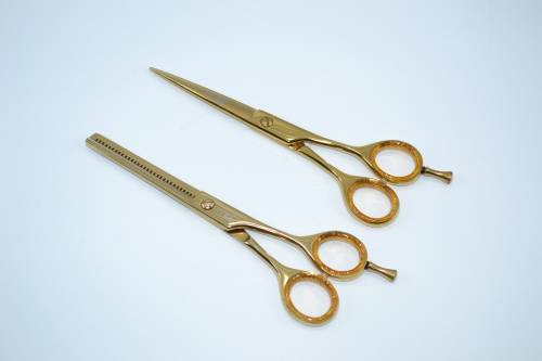 Professional Barber Razor Thinig & Scissors Titanium Coated Gold 6.5` German Stainless Steel