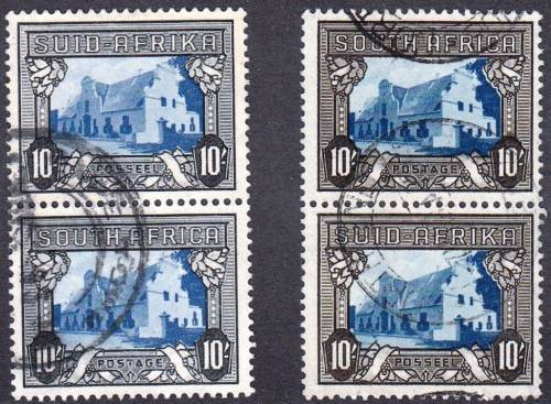 UNION OF SA 1939-1944: DEFINITIVE ISSUE 10s USED IN TWO COLOURS (SACC63b &63a)