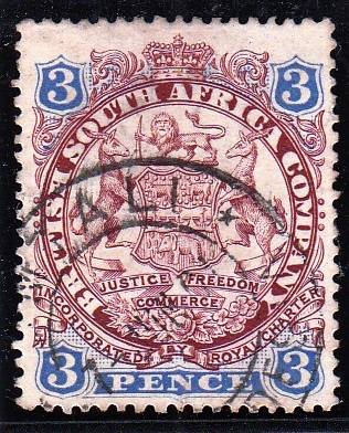 BSAC RHODESIA 1896: DEFINITIVE ISSUE THREE PENCE: DIE I USED (SACC31)