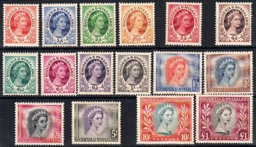 RHODESIA & NYASALAND 1954: QEII DEFINITIVE ISSUE FULL SET MNH (SACC1-15)