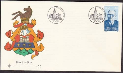 RSA 1974 FDC 35  BIRTH CENTENARY OF PRIME MINISTER DF MALAN - SHIFT IN BLACK OUTLINE VARIETY