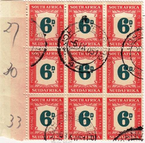 UNION OF SA 1948: 6d POSTAGE DUE MARGINAL BLOCK OF 9 CTO (SACC 37)