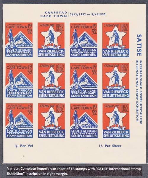 PUBLICITY LABELS ISSUED FOR THE SA TERCENTENARY STAMP EXHIBITION IN CAPE TOWN - VARIETY - RARE