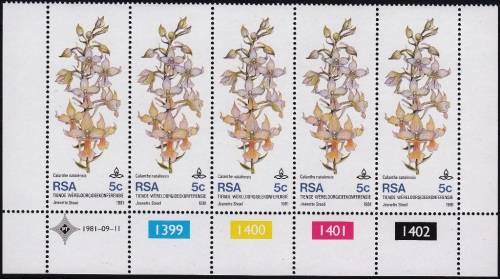 RSA 1981: 10th WORLD ORCHID CONFERENCE 5c CONTROL STRIP OF 5 MNH (SACC 502)
