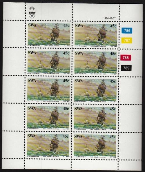 SWA 1984: CENTENARY OF GERMAN COLONISATION 45c FULL SHEET OF 10 MNH (SACC444)