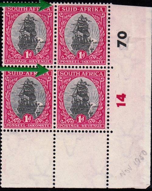 UNION OF SOUTH AFRICA 1950: HYPHENATED & SCREENED PICTORIALS 1d CONTROL BLOCK MH (SACC114) - VARIETY