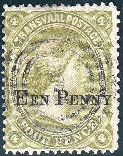 TRANSVAAL 2nd REPUBLIC 1882: QV 4d SURCHARGED "EEN PENNY" USED (SACC173)