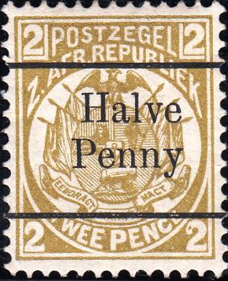 TRANSVAAL 2nd REPUBLIC 1893: ZAR 2d SURCHARGED ''HALVE PENNY" IN BLACK MH (SACC201a) - 13½ SPACING