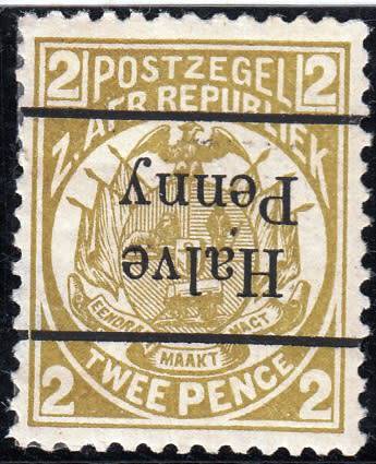 TRANSVAAL 2nd REPUBLIC 1893: ZAR 2d SURCHARGED ''HALVE PENNY" IN BLACK MH (SACC201b) - 12½ SPACING