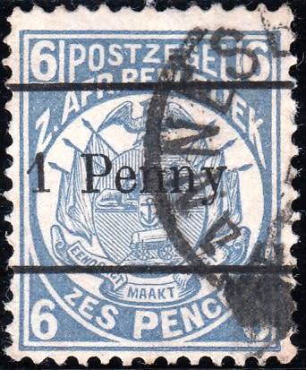 TRANSVAAL 2nd REPUBLIC 1893: ZAR 6d SURCHARGED ''1 PENNY" IN BLACK USED (SACC202) - 12½ SPACING