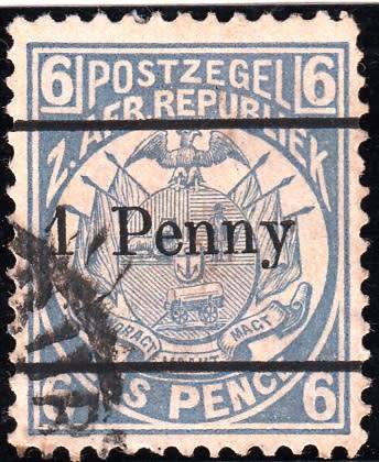 TRANSVAAL 2nd REPUBLIC 1893: ZAR 6d SURCHARGED ''1 PENNY" IN BLACK USED (SACC202a) - 13½ SPACING