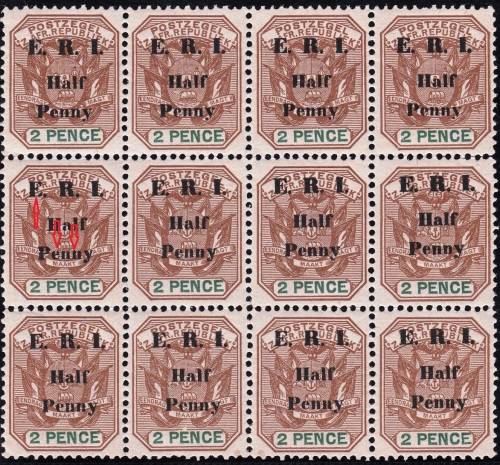 TRANSVAAL 2nd BRIT OCCUPATION 1901: 2d SURCHARGED "E.R.I. Half Penny" BLOCK MNH (SACC 249) - VARIETY