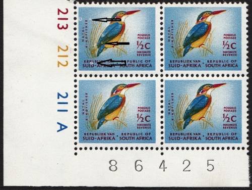 RSA 1968: DEFINITIVE ISSUE ½c KINGFISHER CONTROL BLOCKS A &B MNH (SACC261a) - VARIETY