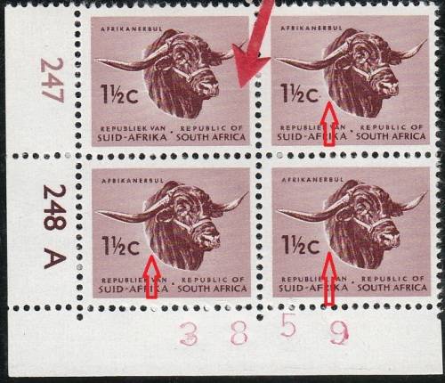 RSA 1968: DEFINITIVE ISSUE 1½c CONTROL BLOCK OF 4: CYL 247 248A MNH (SACC263a) - VARIETY SEE BELOW