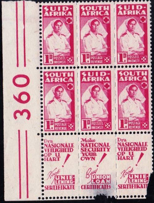UNION OF SA 1943: WAR EFFORT 1d BANTAM FORMAT CONTROL BLOCK OF 6 MNH (SACC96)