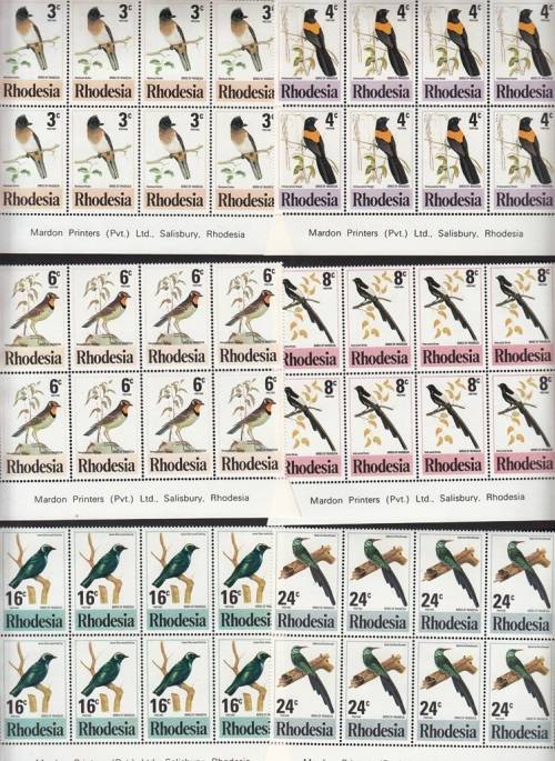RHODESIA 1977: BIRDS (2nd ISSUE) FULL SET IMPRINT BLOCKS OF 8 MNH (SACC300-305)