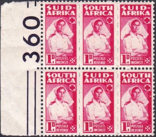 UNION OF SA 1944: WAR EFFORT 1d BANTAM FORMAT CONTROL BLOCK OF 6 MNH (SACC96a) - PURPLE MARGIN