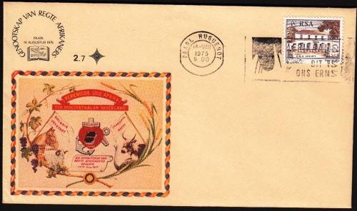 RSA 1975: OFFICIAL FDC 2.7A - CENT. OF `GENOOTSKAP VAN REGTE AFRIKANERS` - UNADDRESSED - PAARL CDX