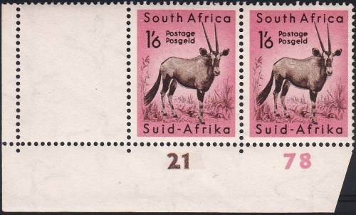 UNION 1954: DEFINITIVE ISSUE 1s6d GEMSBUCK CONTROL PAIR MNH (SACC 160)