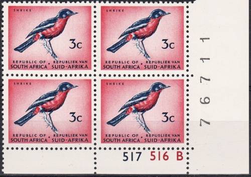 RSA 1973: 3c SHRIKE CONTROL BLOCK OF 4 PANE B MNH (SACC 328)