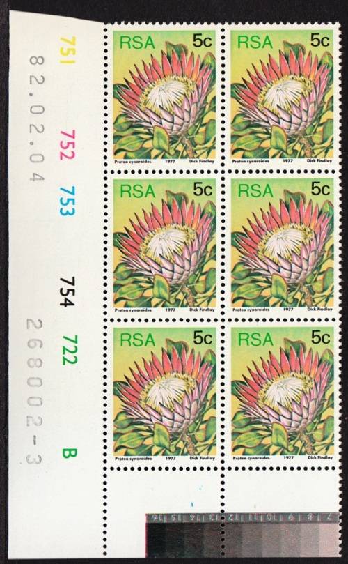 RSA 1977 3rd DEF. ISSUE 5c CONTROL BLOCK OF 6 PANES A + B (4-2-1982) MNH (SACC 422a) PERF BOTTOM
