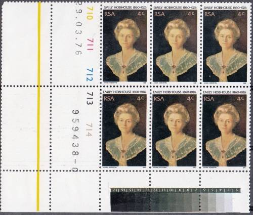 RSA 1976: 50th DEATH ANNIVERSARY OF EMILY HOPHOUSE 4c CONTROL BLOCK OF 6 MNH (SACC 409)
