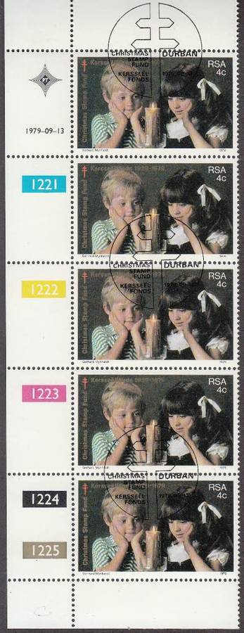 RSA 1979: 50th ANNIVERSARY OF THE S.A. CHRISTMAS FUND 4c CONTROL STRIP OF 5 CTO (SACC 468)
