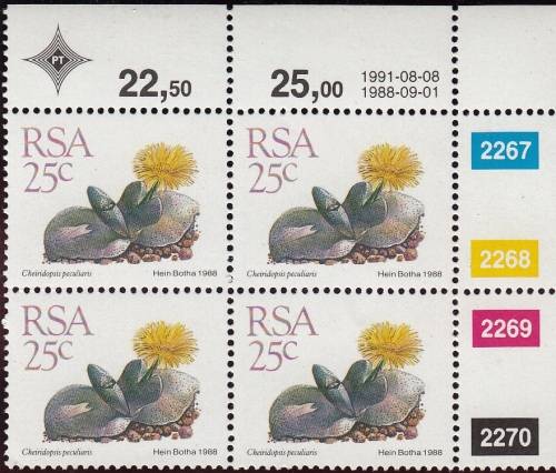 RSA 1991: 5th DEFINITIVE ISSUE 25c CONTROL BLOCK OF 4 (8-8-1991)  MNH (SACC 675)