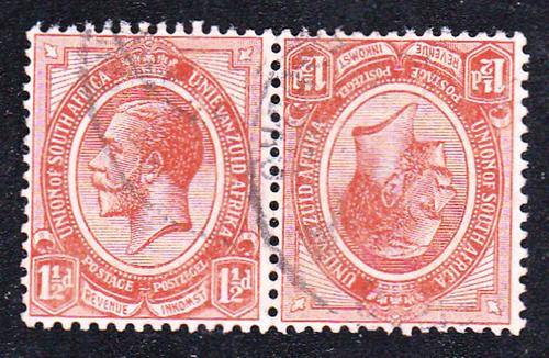 UNION OF SA 1913: KG V  1 1/2d TETE-BECHE  PAIR USED (SACC4b)
