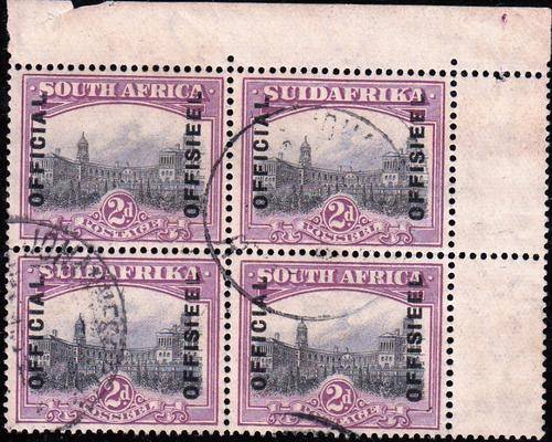 SA 1928: CORNER BLOCK OF 4x 2d OFFICIAL STAMPS USED (SACC 6)