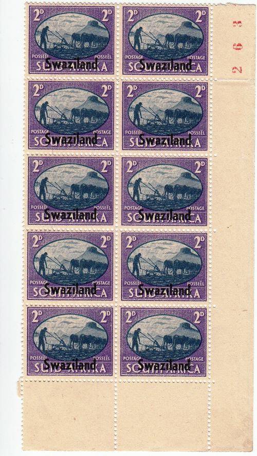 SWAZILAND 1945: VICTORY ISSUE: 2d CORNER BLOCK OF 10 MH (SACC39)