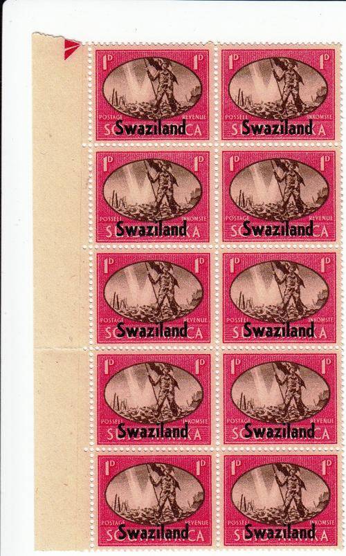 SWAZILAND 1945: VICTORY ISSUE: 1d MARGINAL BLOCK OF 10 MNH (SACC38)