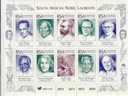 RSA 1996: FULL SHEET OF 10: SOUTH AFRICAN NOBEL LAUREATES MNH (sacc991)