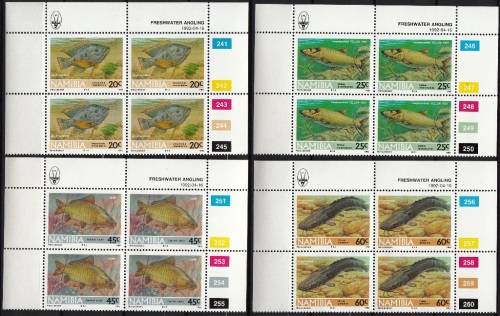NAMIBIA 1992: FRESHWATER ANGLING FULL SET CONTROL BLOCKS OF 4  MNH (SACC 51-54)