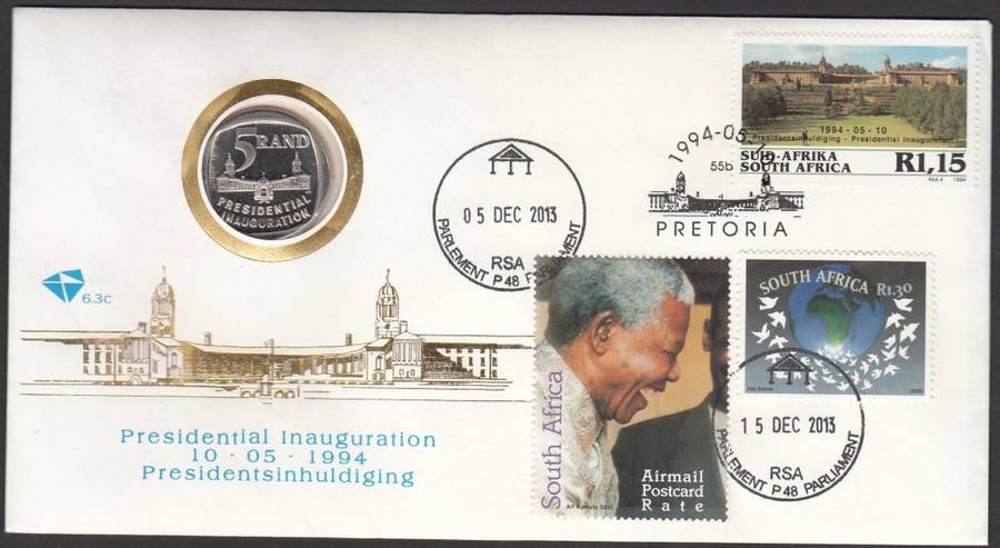 RSA 1994 OFFICIAL FDC 6.3c- PRES INAUGURATION WITH PROOF COIN + PARLIAMENT CDX DURING MEMORIAL
