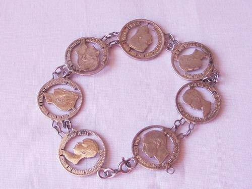 AMAZING VINTAGE SILVER CUT COIN BRACELET WITH COINS DATED BETWEEN 1880 & 1904