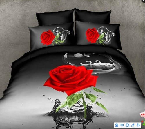 3D Duvet Cover Set Red Rose  Water Drop Print Queen Size