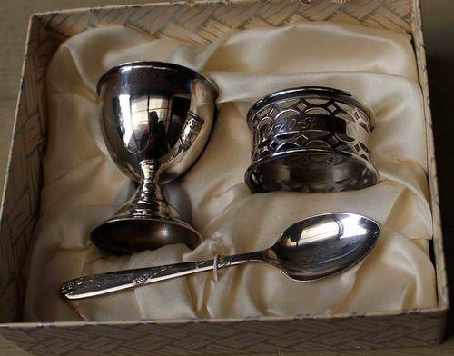 Lovely 70's boxed Angora silver plated christening set in great condition.